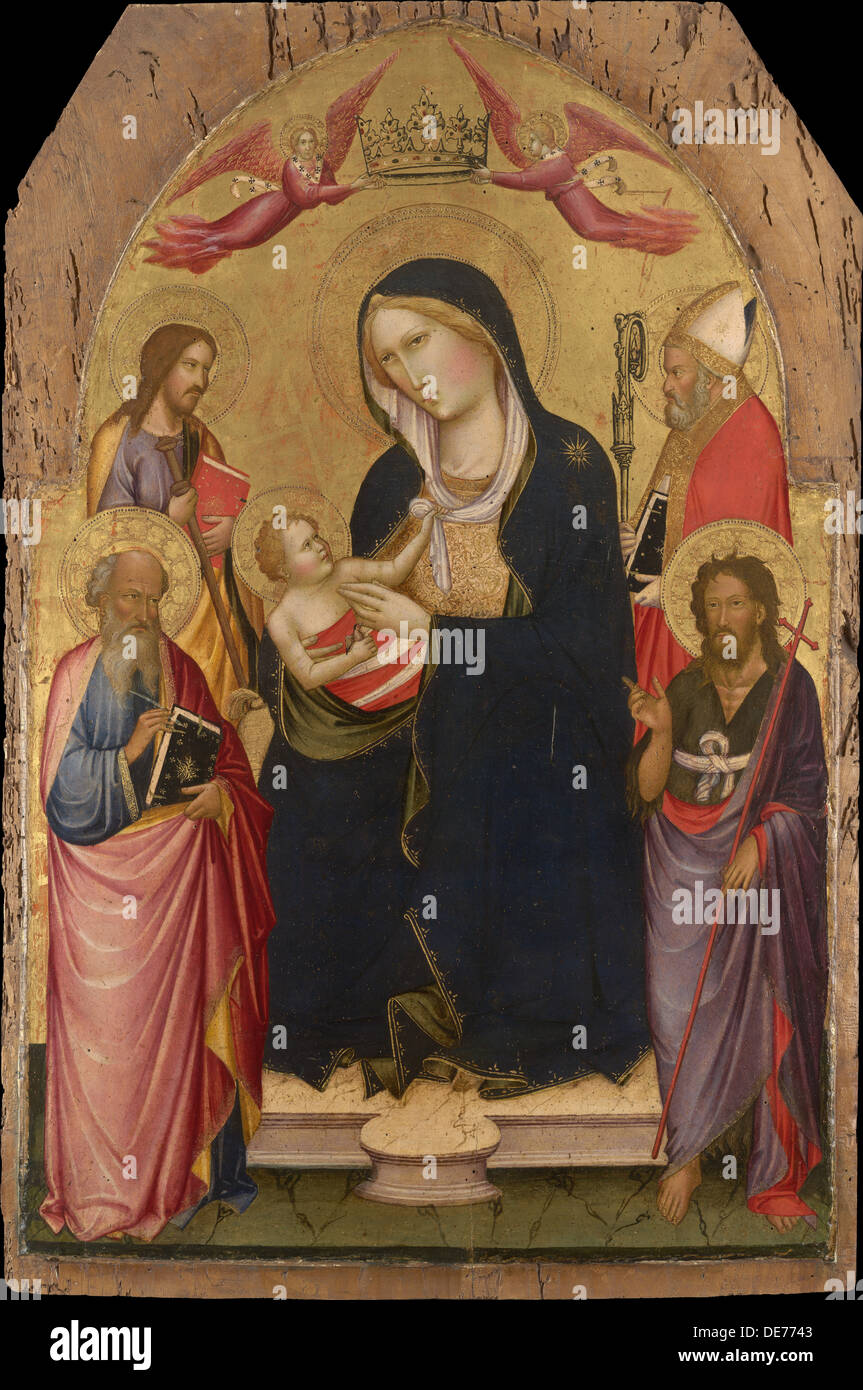 Madonna and Child with Saints John the Evangelist, John the Baptist, James of Compostela and Nicholas of Bari, ca 1390. Artist: Gaddi, Agnolo (1350-13 Stock Photo