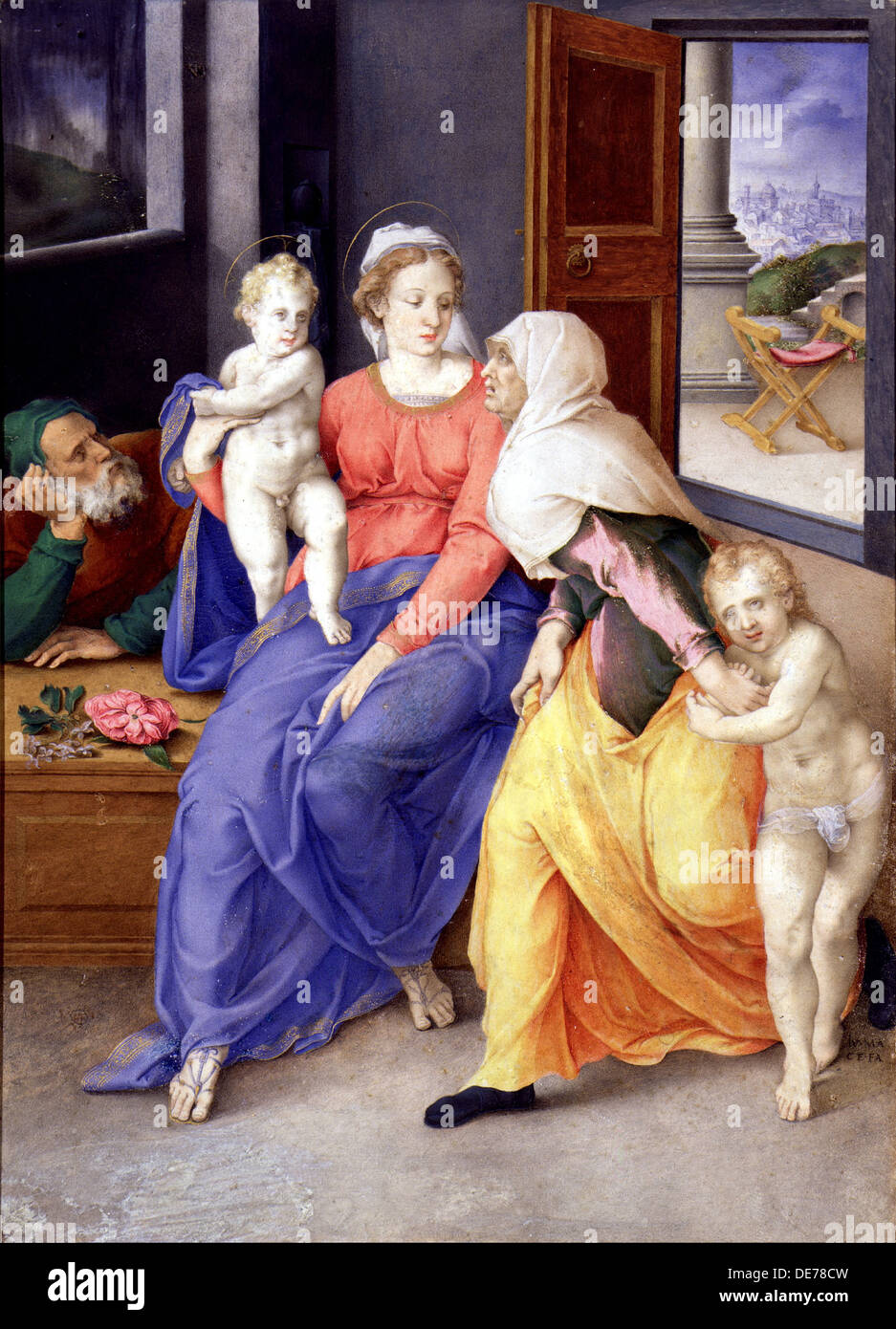 The Holy Family with John the Baptist as a Boy and Saint Elizabeth, 1556-1557. Artist: Clovio, Giulio (1498-1575) Stock Photo