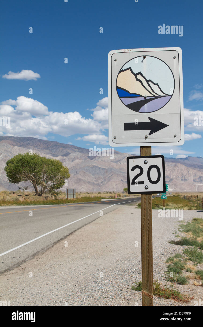 Sign indicating a Scenic route on highway 395 in California Stock Photo