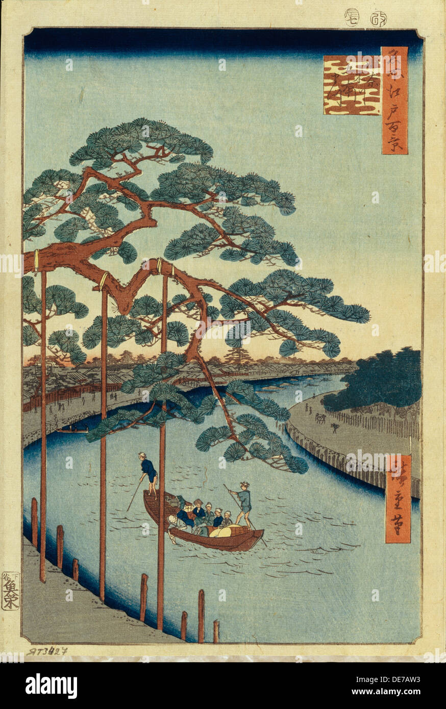Five Pines and the Onagi Canal (One Hundred Famous Views of Edo), 1856-1858. Artist: Hiroshige, Utagawa (1797-1858) Stock Photo
