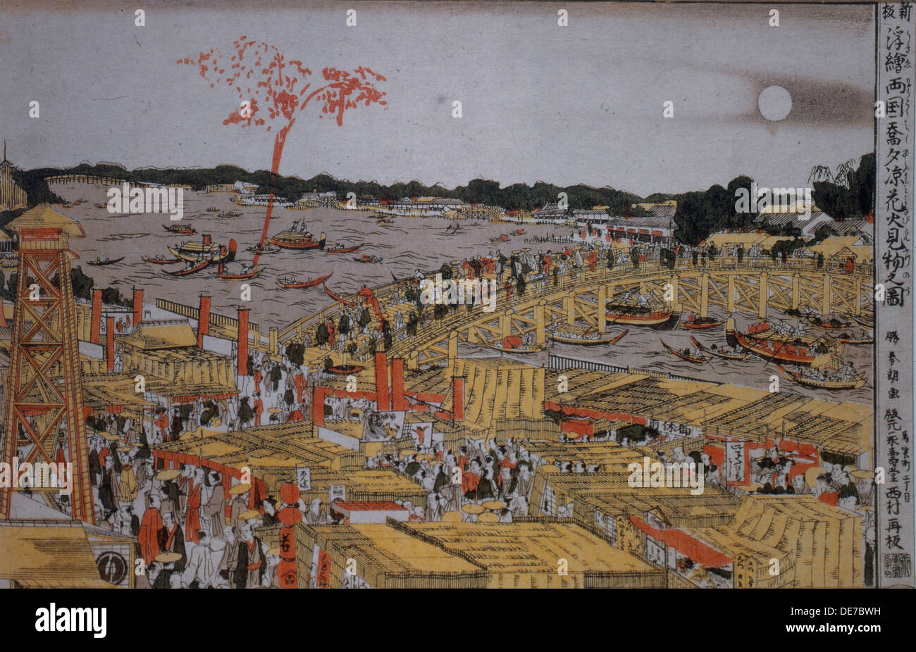 Fireworks at Ryogoku Bridge, c. 1785. Artist: Hokusai, Katsushika (1760-1849) Stock Photo