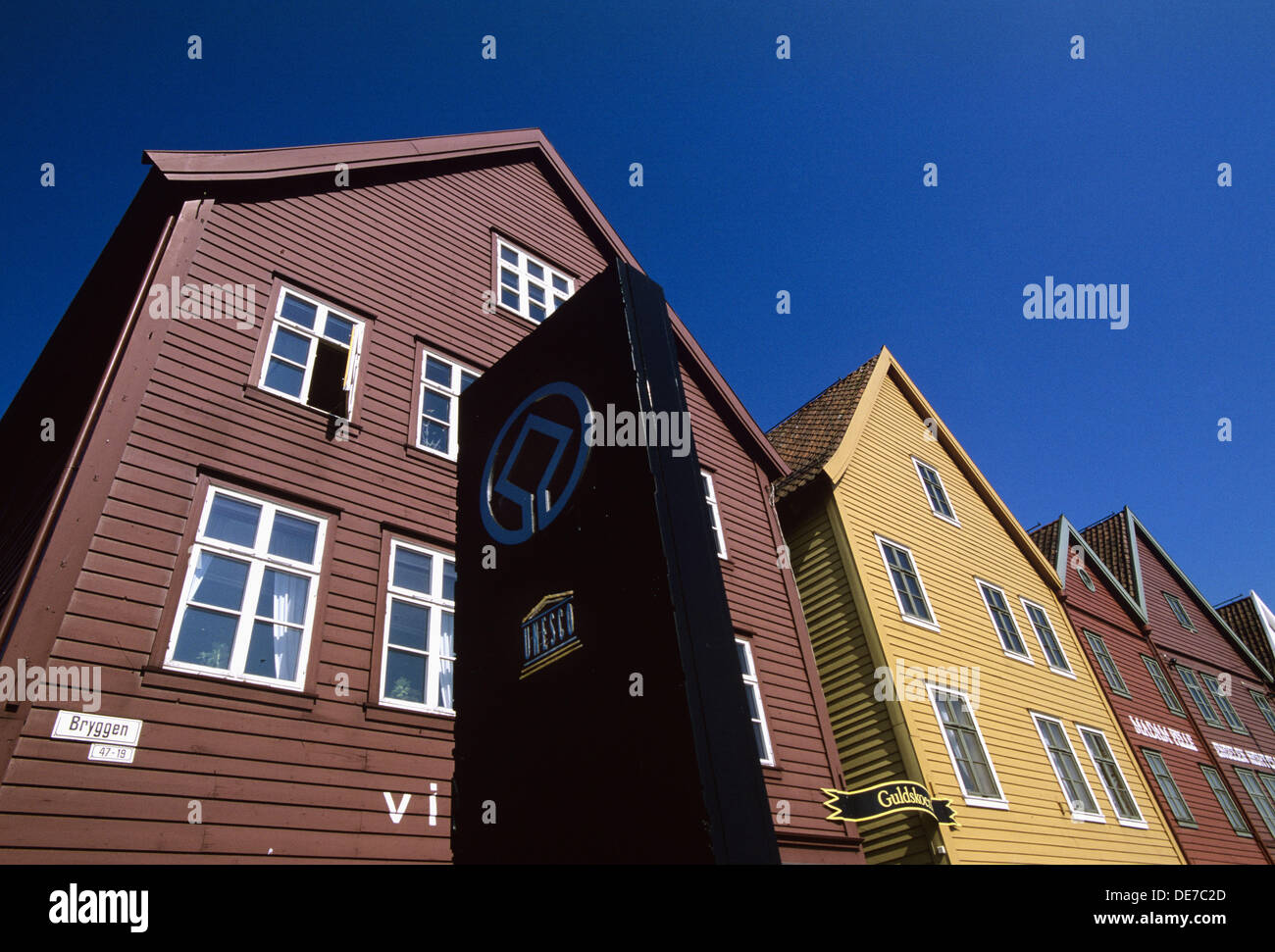 Storefronts in row houses, Bryggen quarter, Bergen. Norway Stock Photo