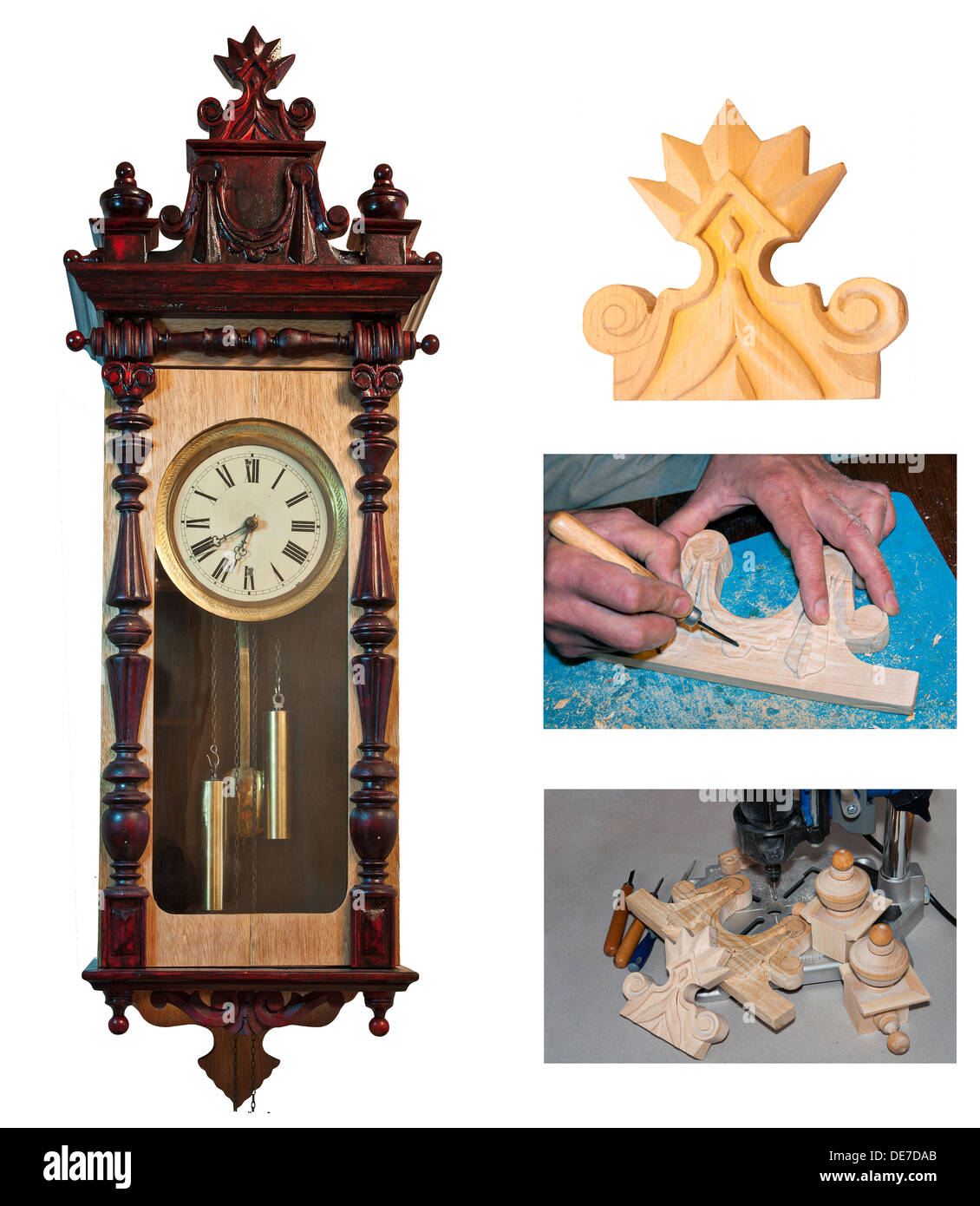antique clock and restoration process of watchmaker with carved wooden