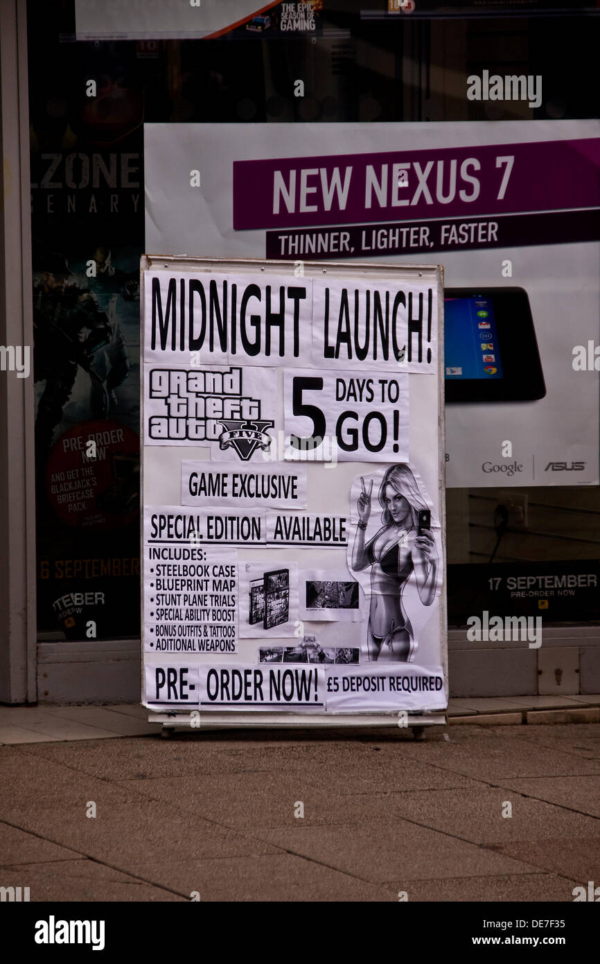 The Game store advertising the launch of  Grand Theft Auto 5 console game on September 17th 2013 in Dundee, UK Stock Photo
