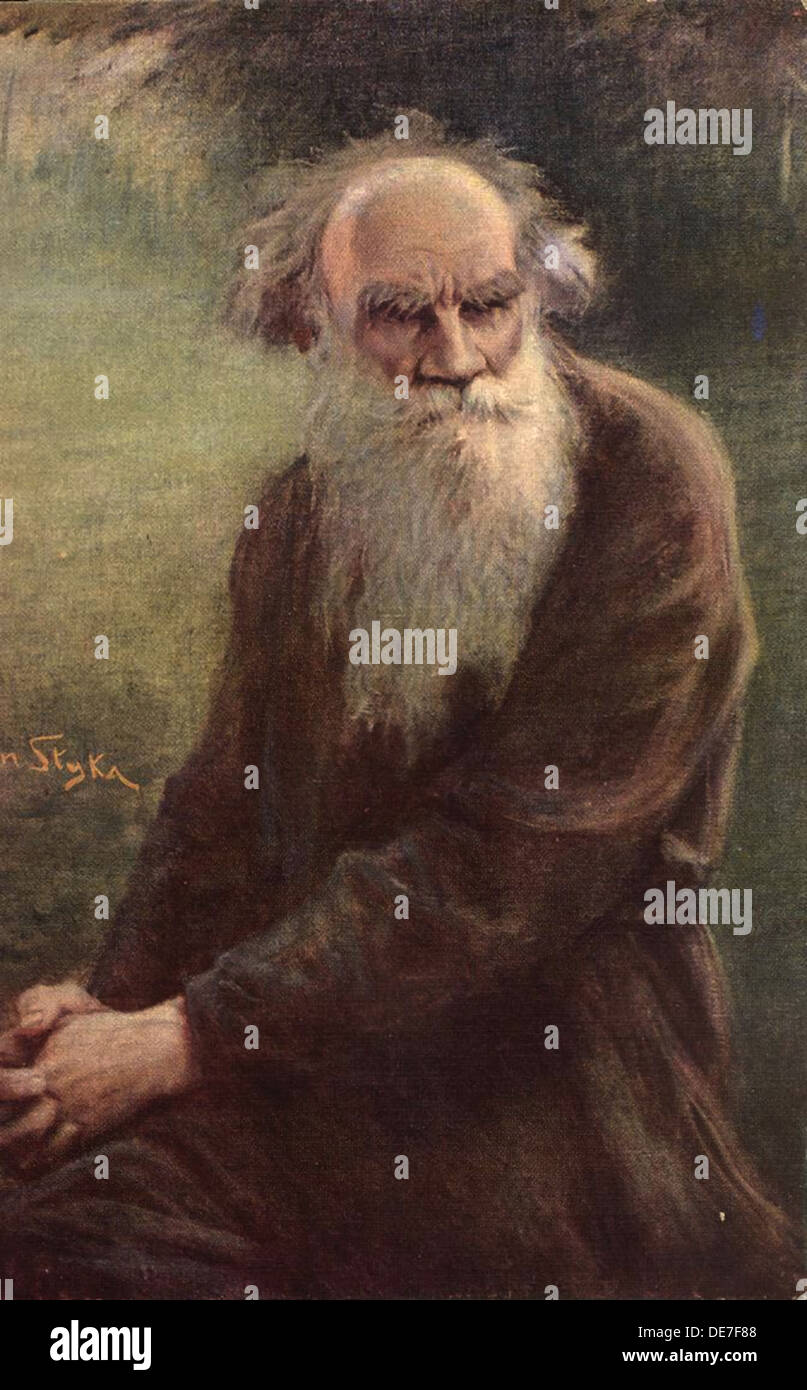 Portrait of the author Leo N. Tolstoy (1828-1910), 1910. Artist: Styka, Jan (1858-1925) Stock Photo