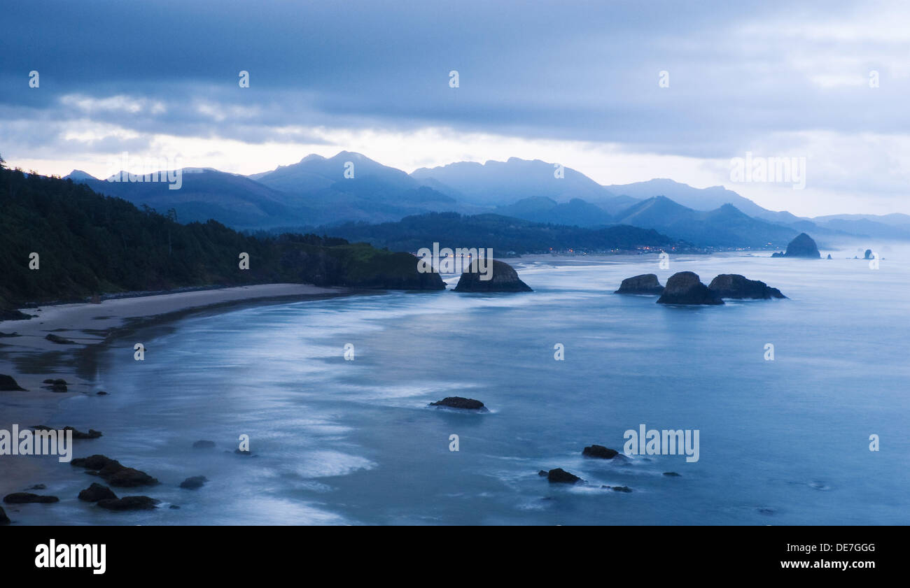 Cannon Beach, Oregon U S A as seen from Ecola State Park before dawn