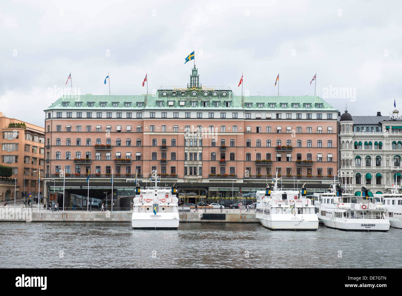 Grand Hotel and ships in Stockholm Stock Photo