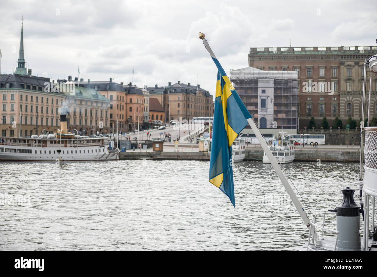 Swedish flag on a boat in Stockholm Stock Photo