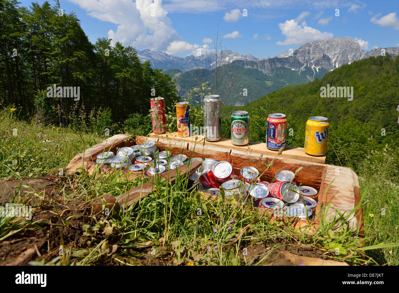 Albania, Balkans, Beer and softdinks in cooler with mountains in background Stock Photo