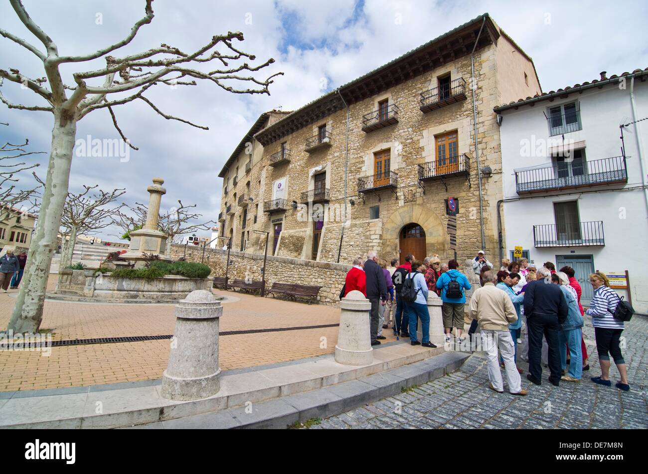 Tourist group visiting Morella mediaeval village Castellón Spain Stock