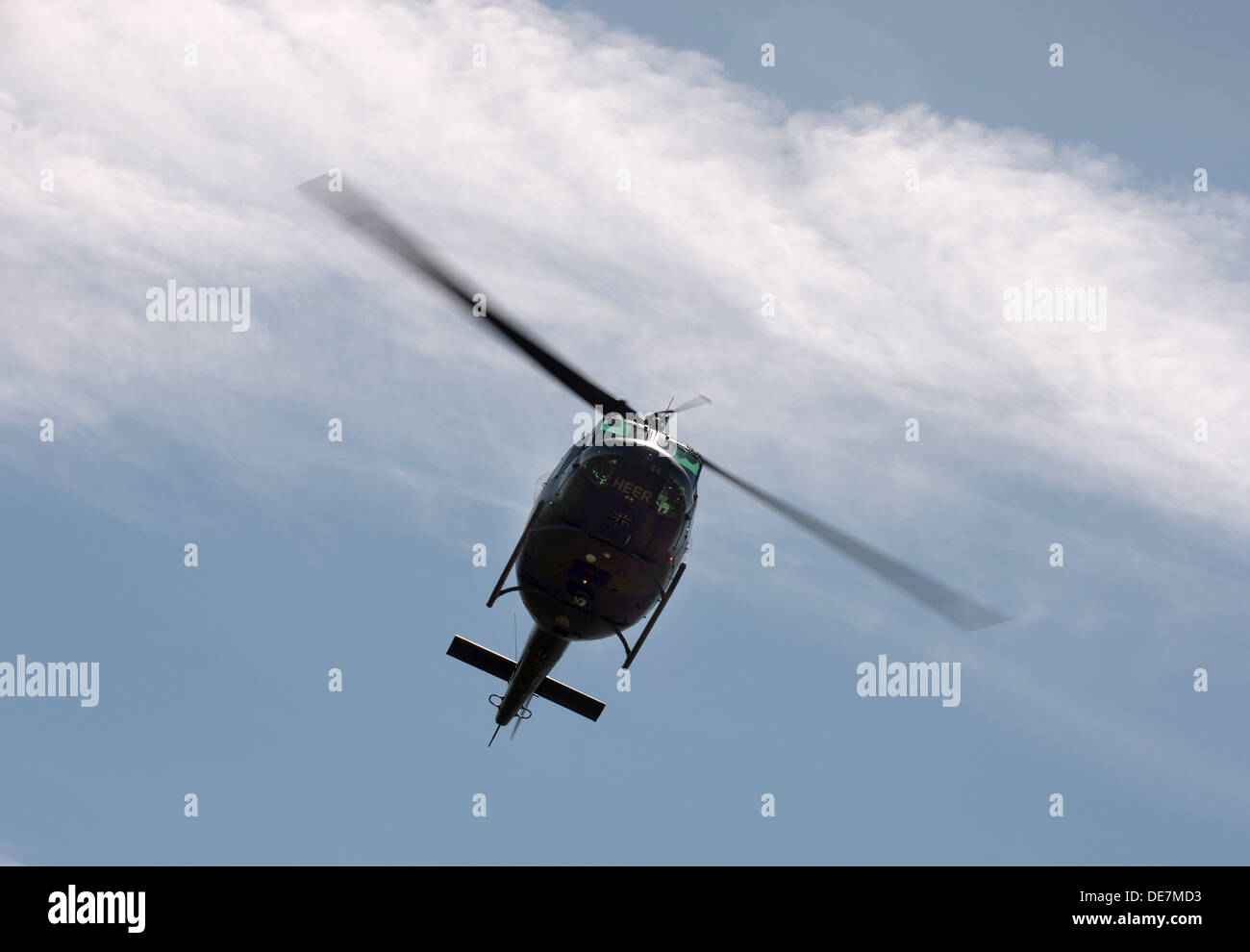 Herzberg, Germany, a helicopter of the Bundeswehr at the Schwarze Elster explores a dike breach Stock Photo