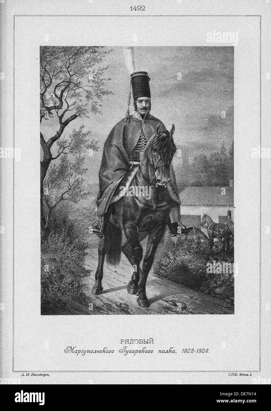 Hussar of the Mariupol Hussar Regiment in 1802-1808, Mid of the 19th cen.. Artist: Anonymous Stock Photo
