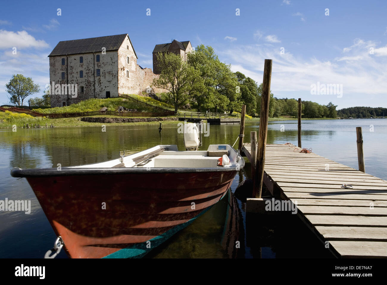 Finland, Aland Island, Sund Kastelholm Castle Small dock and lake Stock Photo