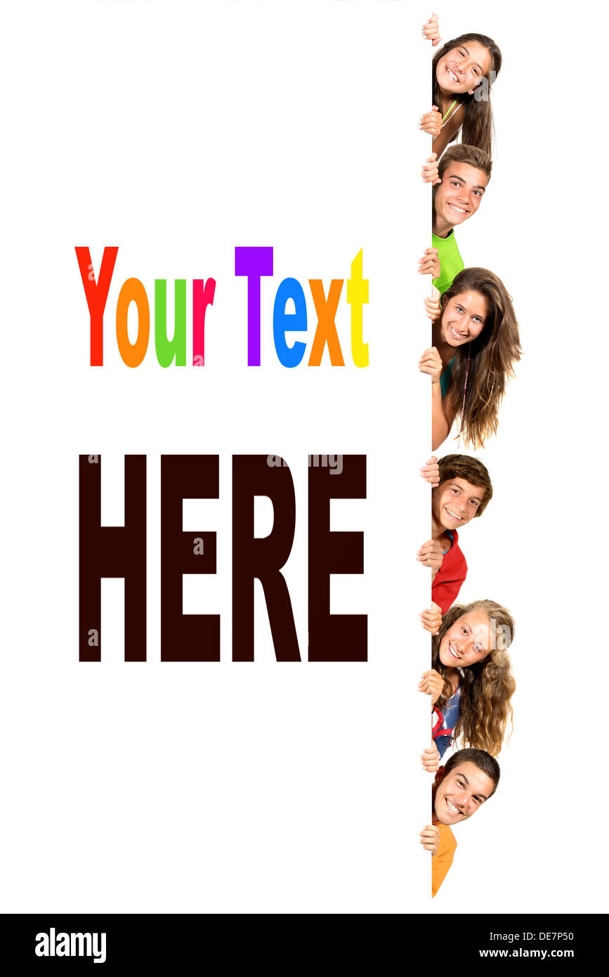 Group of teenagers with a white board isolated in white Stock Photo - Alamy