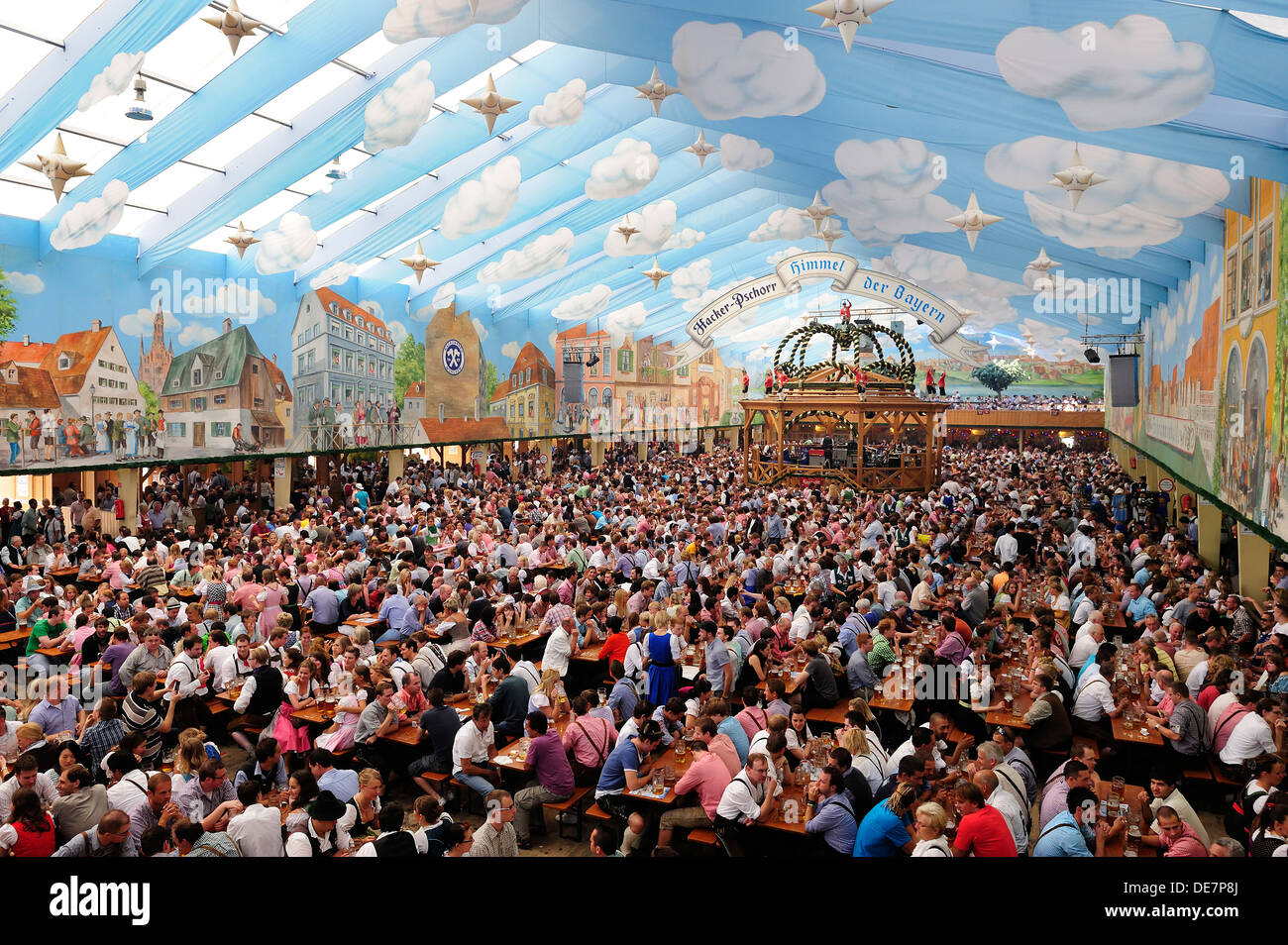 Germany, Bavaria, Munich, People celebrating Oktoberfest in Hacker Pschorr Brau hall Stock Photo