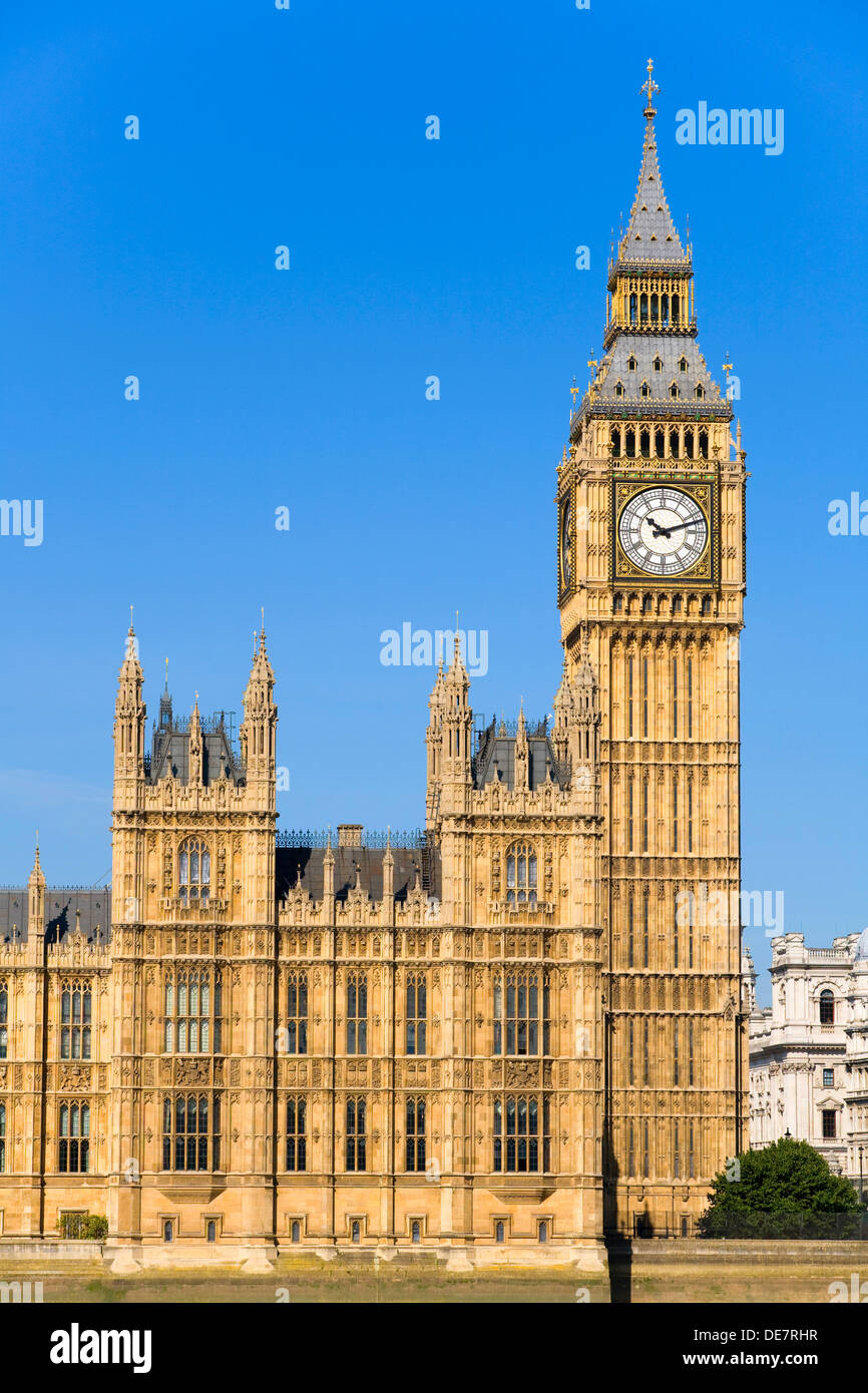 Big Ben clock tower (The Elizabeth Tower) and the House of Commons / Palace of Westminster, London, UK. Stock Photo