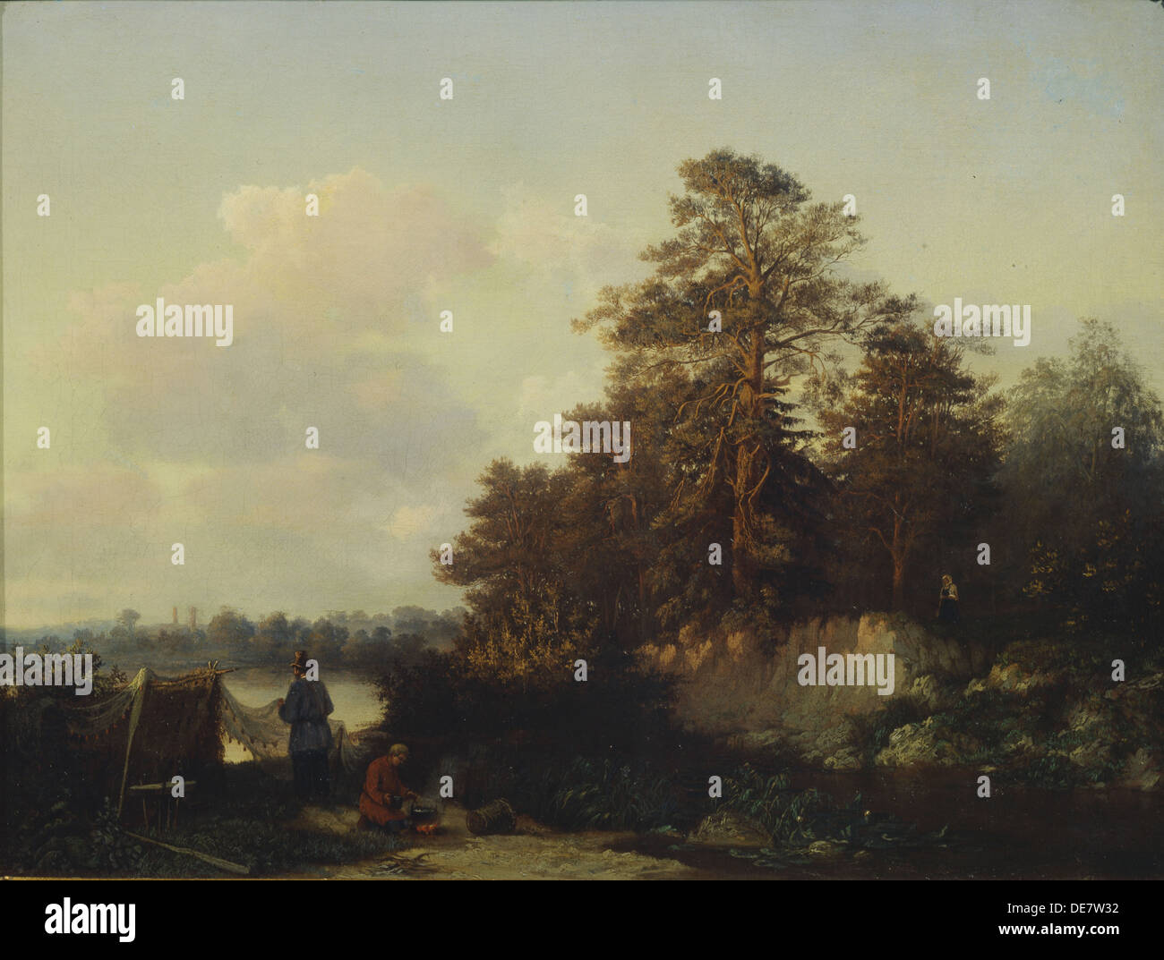 Landscape with Anglers, 1852. Artist: Kamenev, Valerian Konstantinovich (1823-1874) Stock Photo