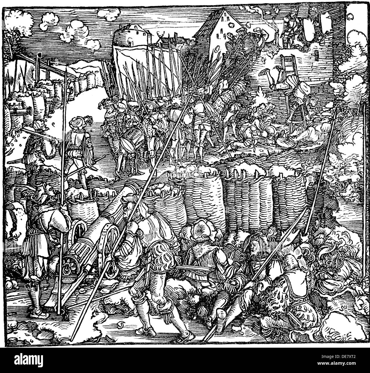 Siege of a fortress. Illustration from the book Phisicke Against Fortune by Petrarch, 1532. Stock Photo