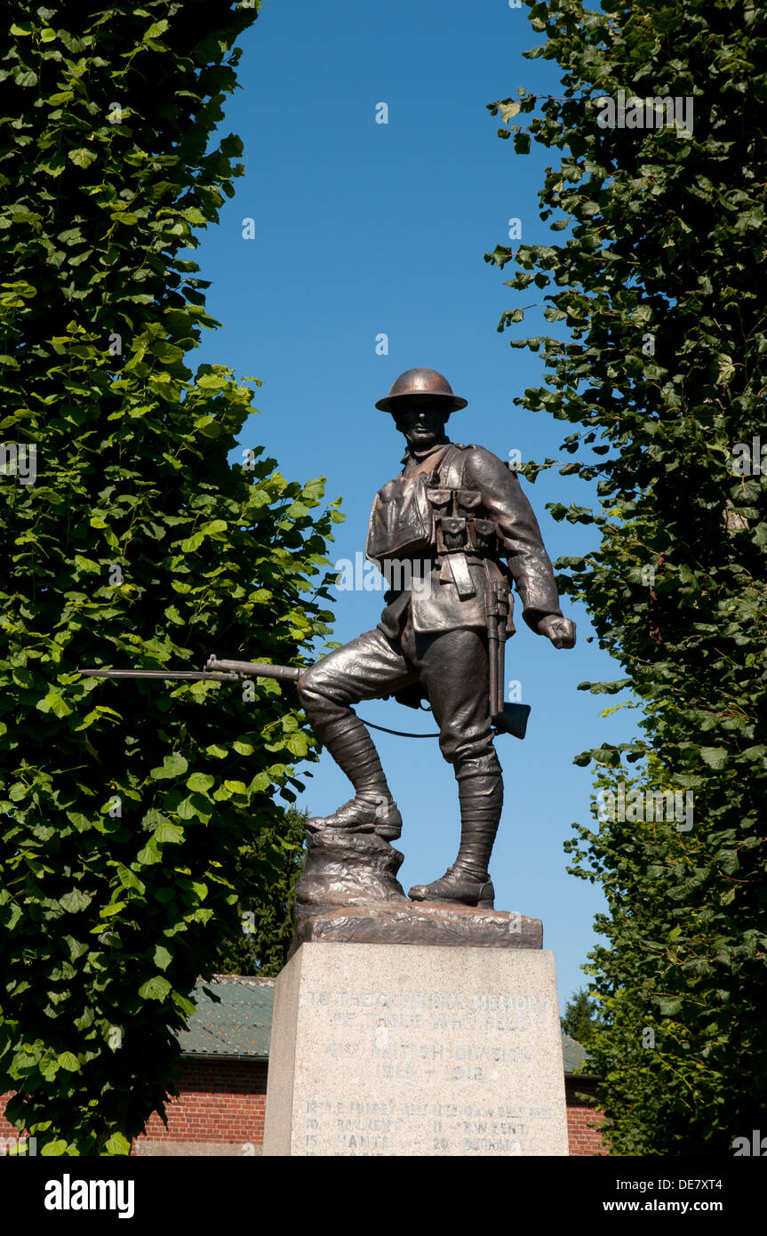 Statue of British commemorating the Battle of the Somme, Flers, France, 41st Division Monument Stock Photo
