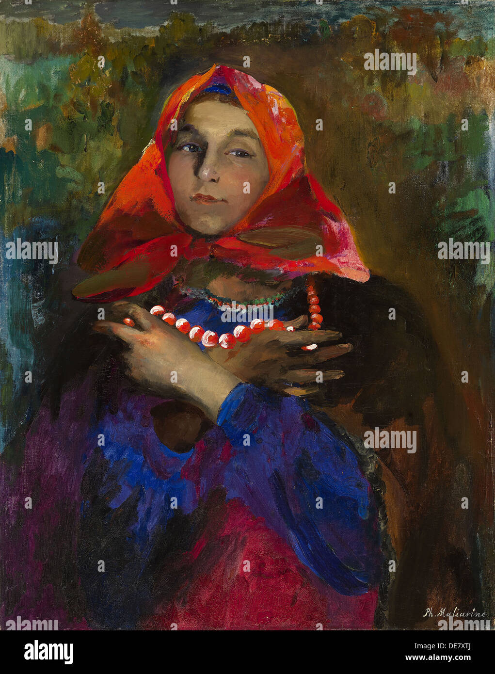 Russian Maiden in a Red Headscarf. Artist: Malyavin, Filipp Andreyevich (1869-1940) Stock Photo