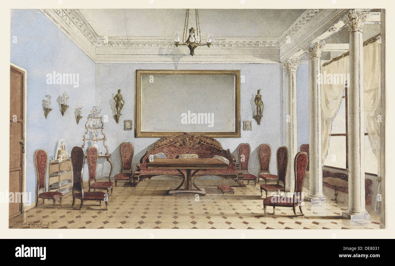 Salon Interior, 1858. Artist: Redkovsky, Andrei Alexeevich (1831-1909) Stock Photo