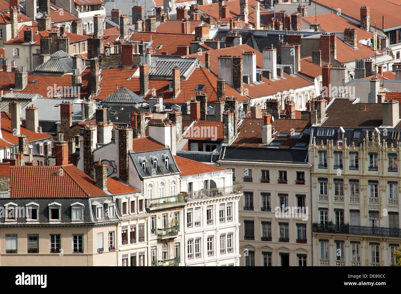 Residential buildings with red roofs in Lyon, France, Europe Stock