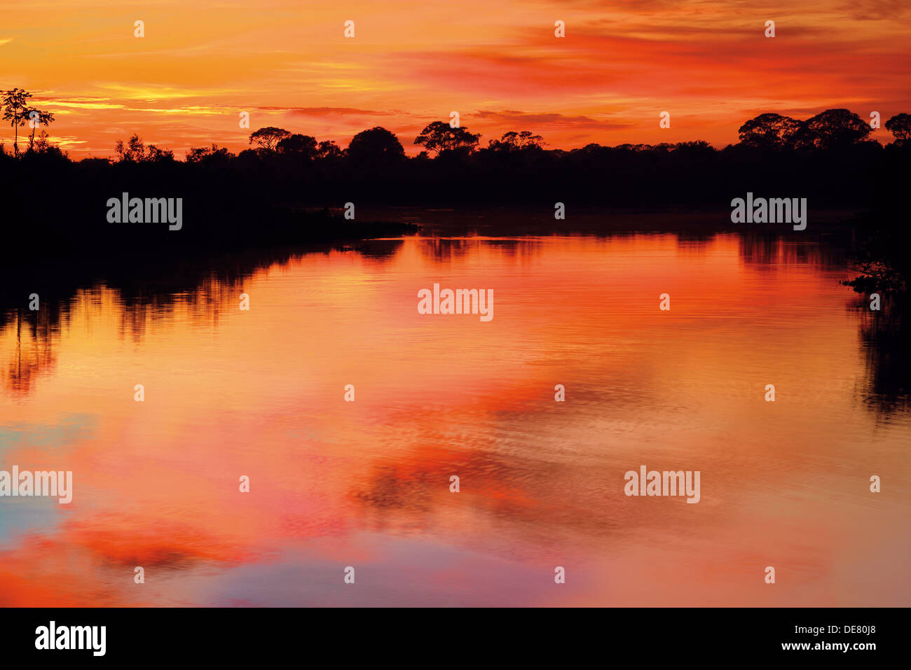 Brazil, Pantanal: Sunrise at river Rio Claro Stock Photo