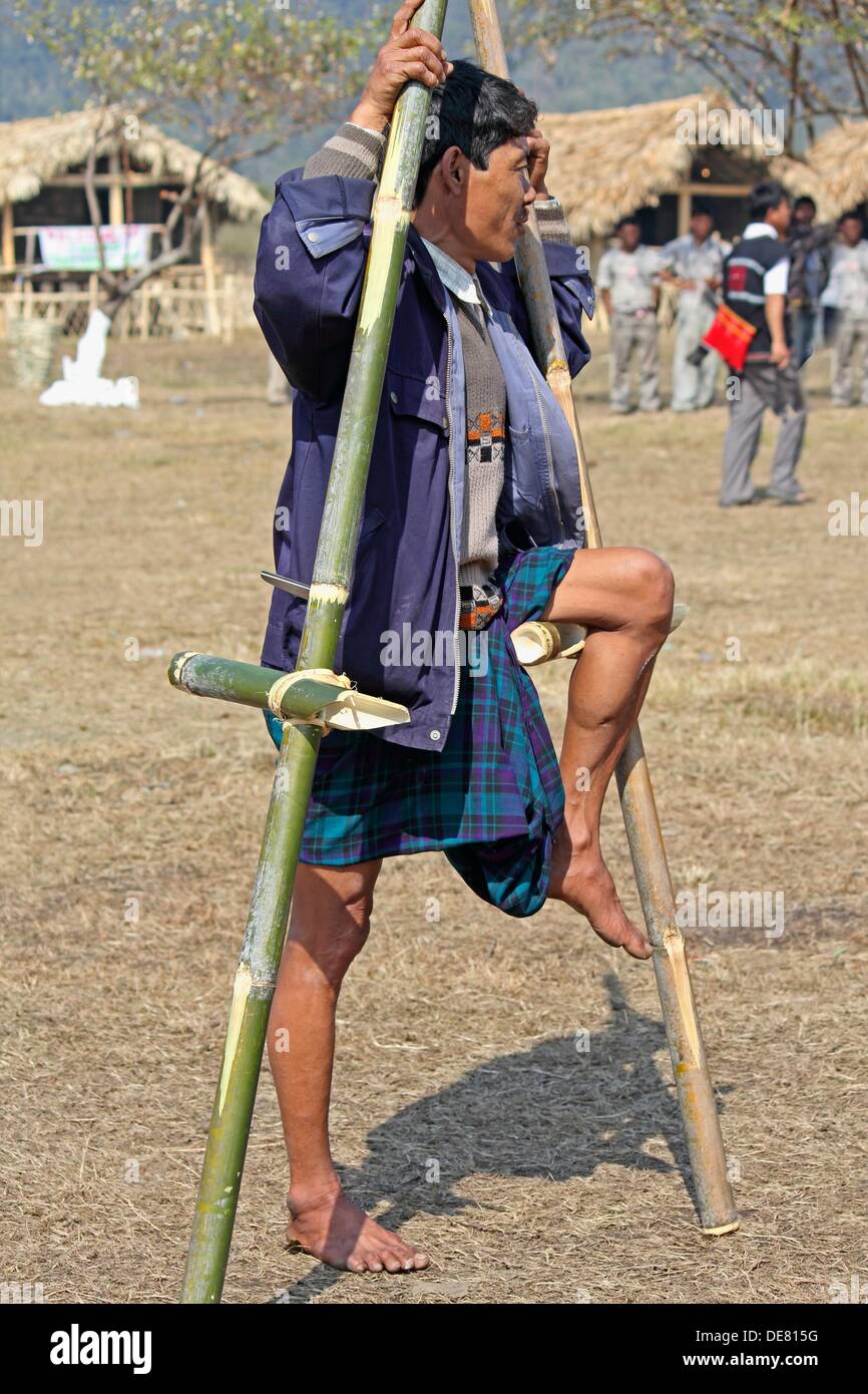 Tribes playing bamboo stilts game at Namdapha Eco Cultural Festival