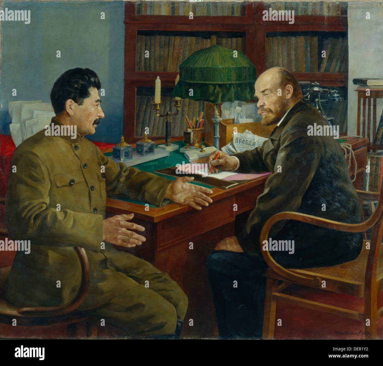 Lenin and Stalin, 1938. Artist: Shestopalov, Nikolay Ivanovich (1875-?) Stock Photo