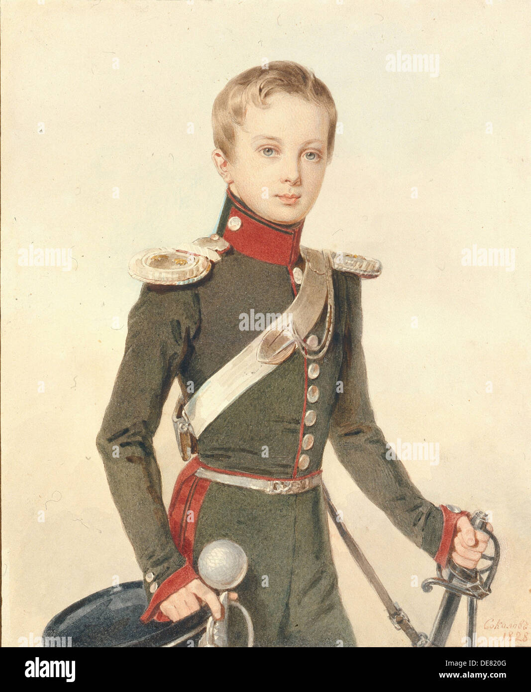 Portrait of the Crown prince Alexander Nikolayevich (1818-1881), 1828. Artist: Sokolov, Pyotr Fyodorovich (1791-1848) Stock Photo