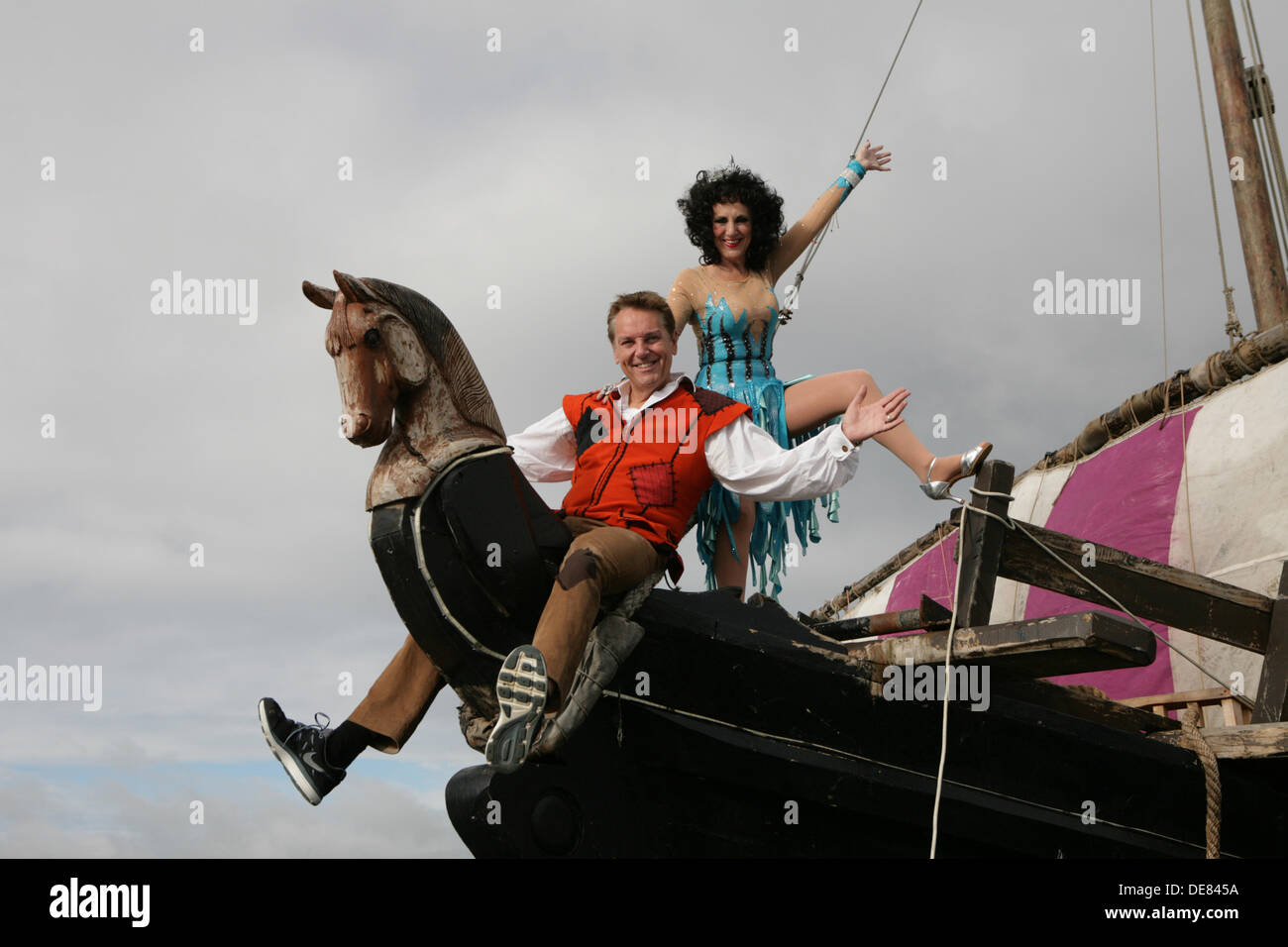 Southampton, UK. 13th September 2013. Brian Conley and Lesley Joseph cast of the Mayflower theatre Robinson Crusoe step on board the good ship Phoenicia at the PSP Southampton Boat sho Credit: Keith larby/Alamy Live News Stock Photo