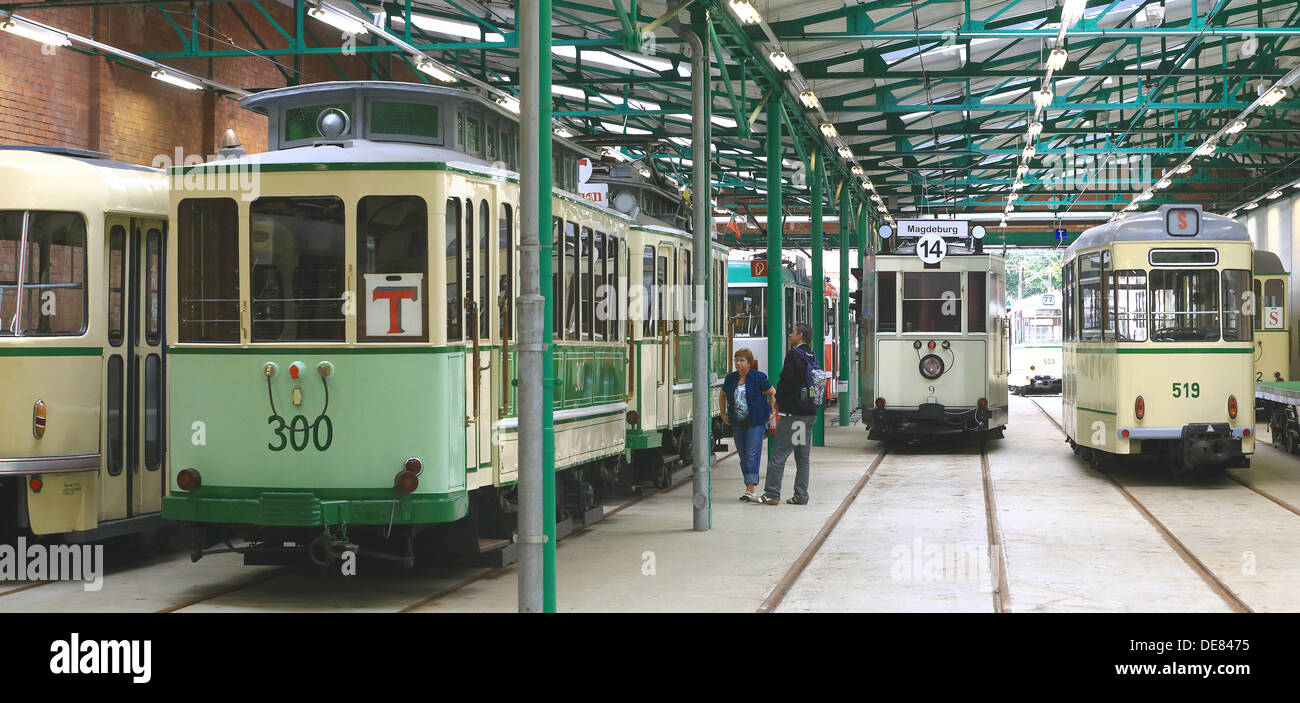 The museum depot 'Sudenburg' for tramways is pictured in Magdeburg, Germany, 08 September 2013. Tram fans run a museum depot and offer visits of old trams as well as special tours with the historical vehicles. Photo: JENS WOLF Stock Photo
