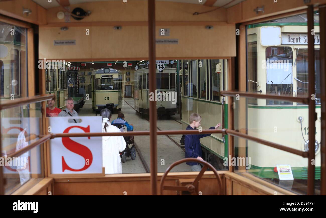 The museum depot 'Sudenburg' is pictured in Magdeburg, Germany, 08 September 2013. Tram fans run a museum depot and offer visits of old trams as well as special tours with the historical vehicles. Photo: JENS WOLF Stock Photo
