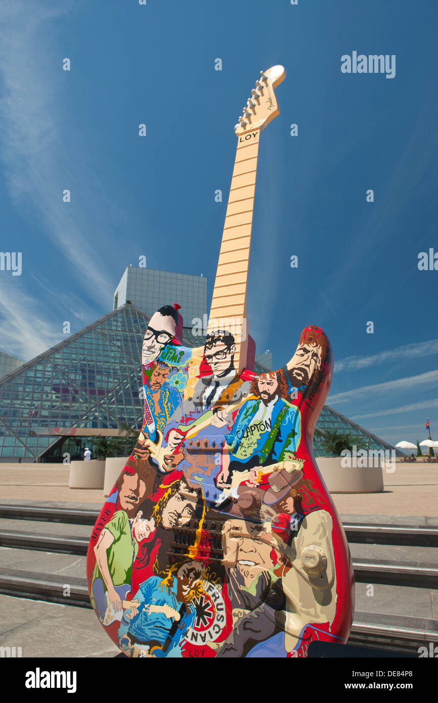 6 DECADES OF STRATOCASTER SCULPTURE (©DAN LOY 2012) ROCK AND ROLL HALL OF FAME (©I M PEI 1995) DOWNTOWN CLEVELAND OHIO USA Stock Photo