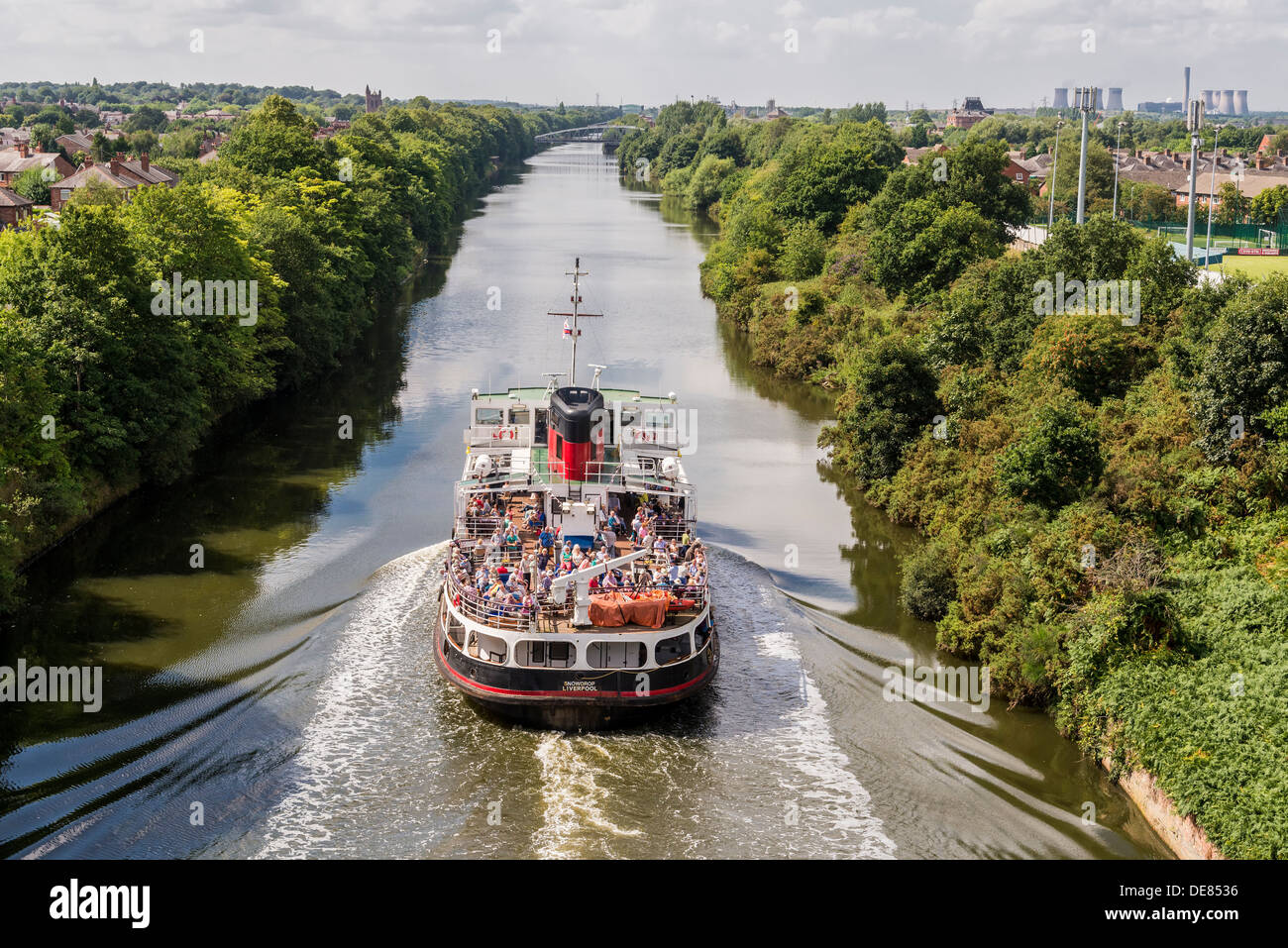 Merseytravel Mersey ferry Snowdrop on the Manchester Ship canal at Warrington. Canal Cruise. Stock Photo