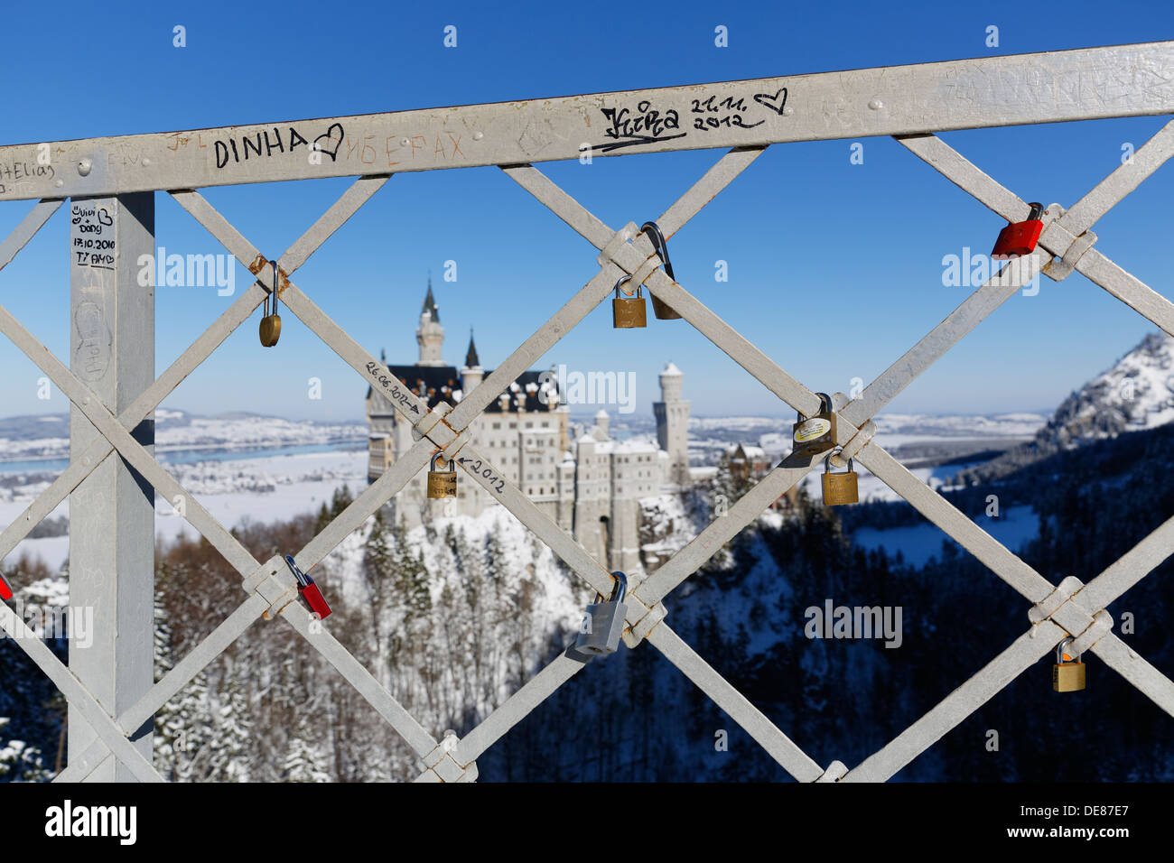 Germany, Bavaria, View of love locks on railings while Neuschwanstein ...
