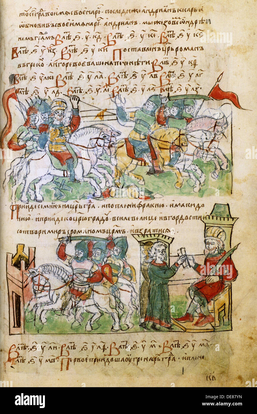 Igor Svyatoslavich's battle with the pechenegs (from the Radziwill Chronicle), 15th century. Artist: Anonymous Stock Photo