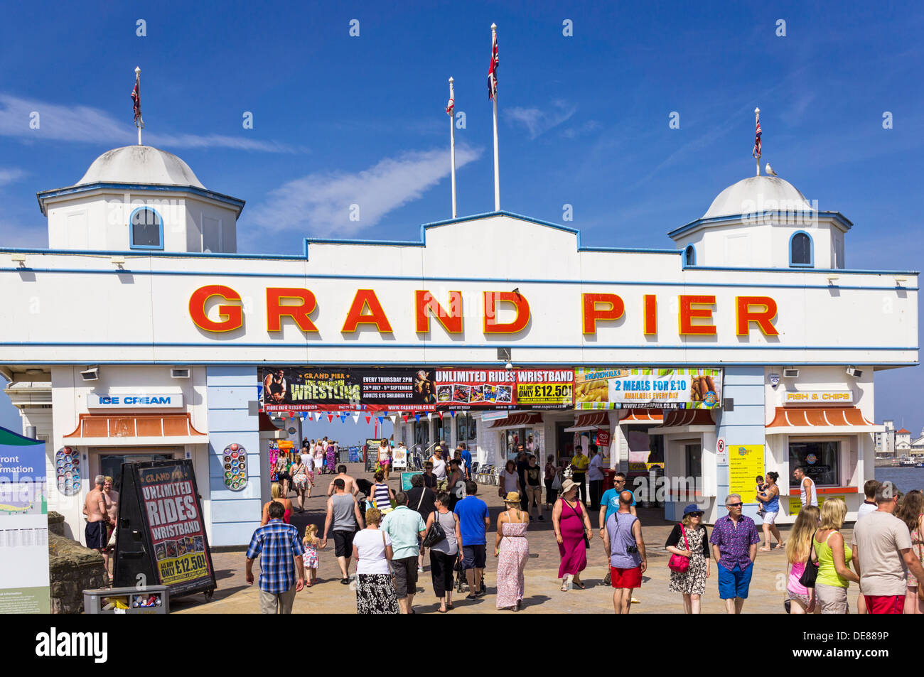 Weston-Super-Mare Pier entrance, Somerset, UK in high summer Stock Photo