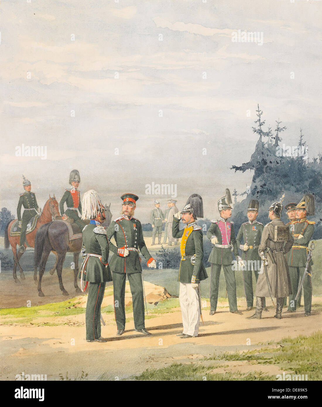 Officers from Uhlan Regiment, 1887. Artist: Balashov, Pyotr Ivanovich (?-1888) Stock Photo