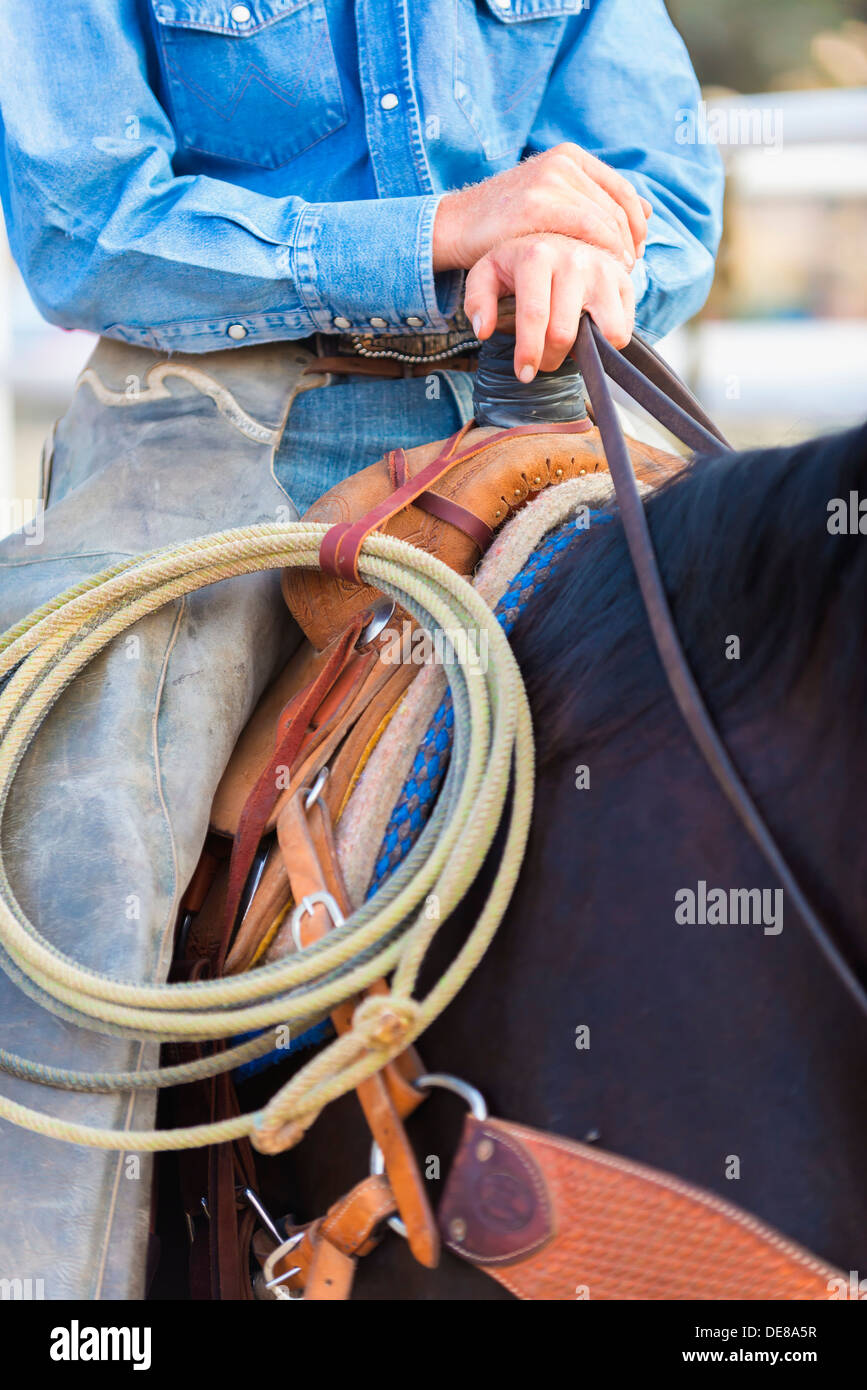 USA, Texas, Cowboy sitting on horseback and holding rope Stock Photo