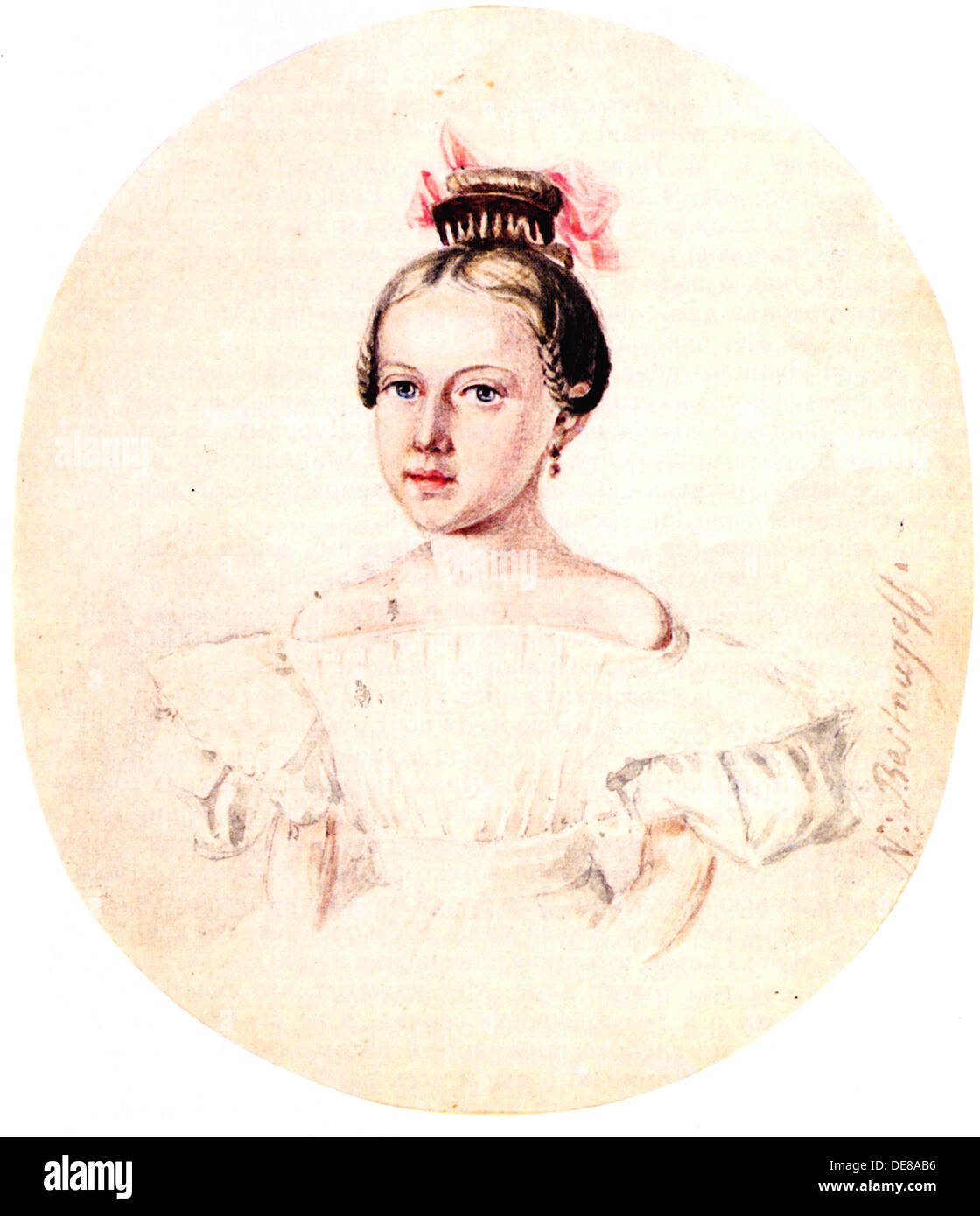 Portrait of Olga Annenkova, daughter of Decembrist Iwan Annenkow, 1836. Artist: Bestuzhev, Nikolai Alexandrovich (1791-1855) Stock Photo