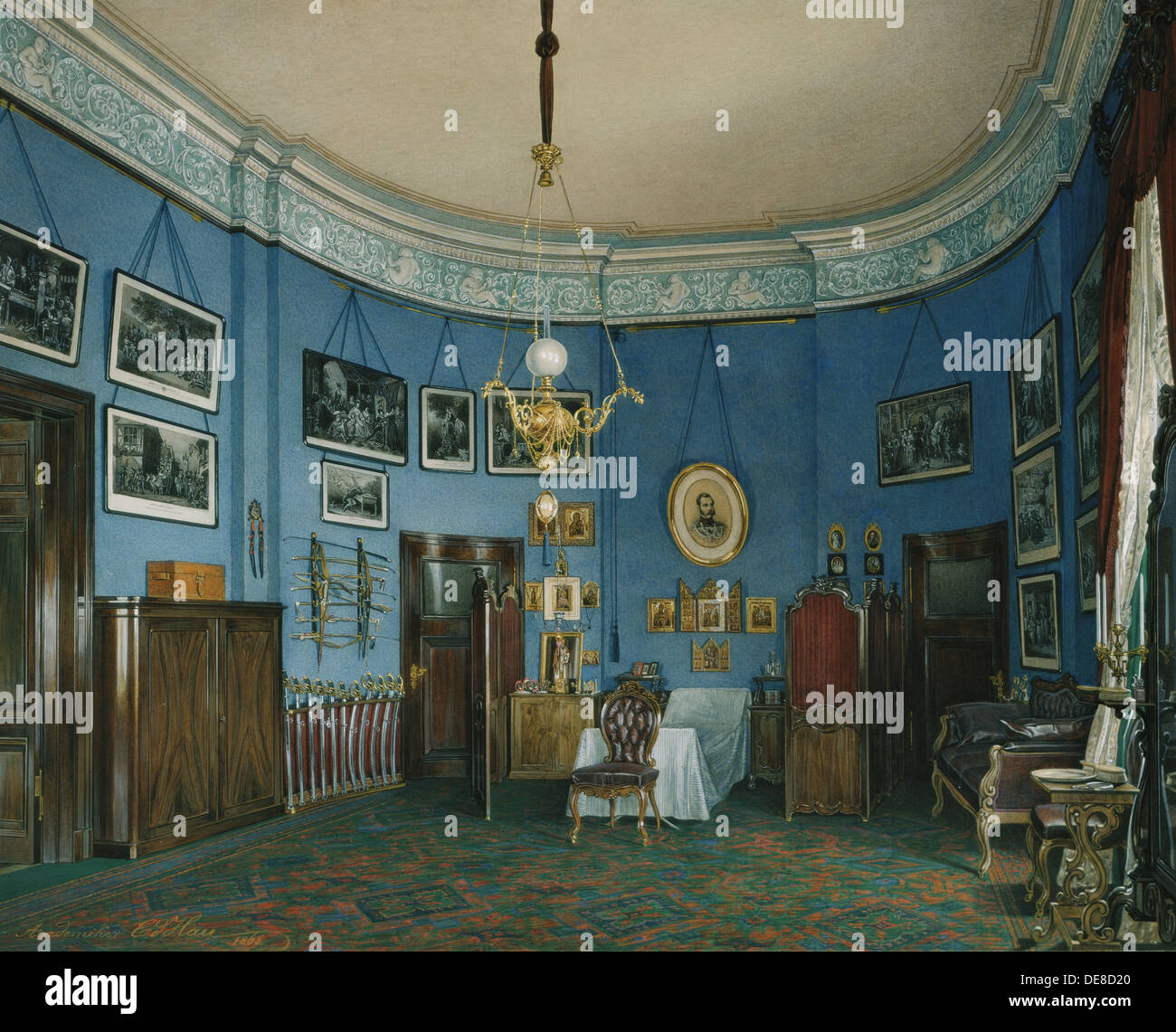 Interiors of the Winter Palace. The Bedroom of Crown Prince Nikolay Aleksandrovich, 1865. Artist: Hau, Eduard (1807-1887) Stock Photo