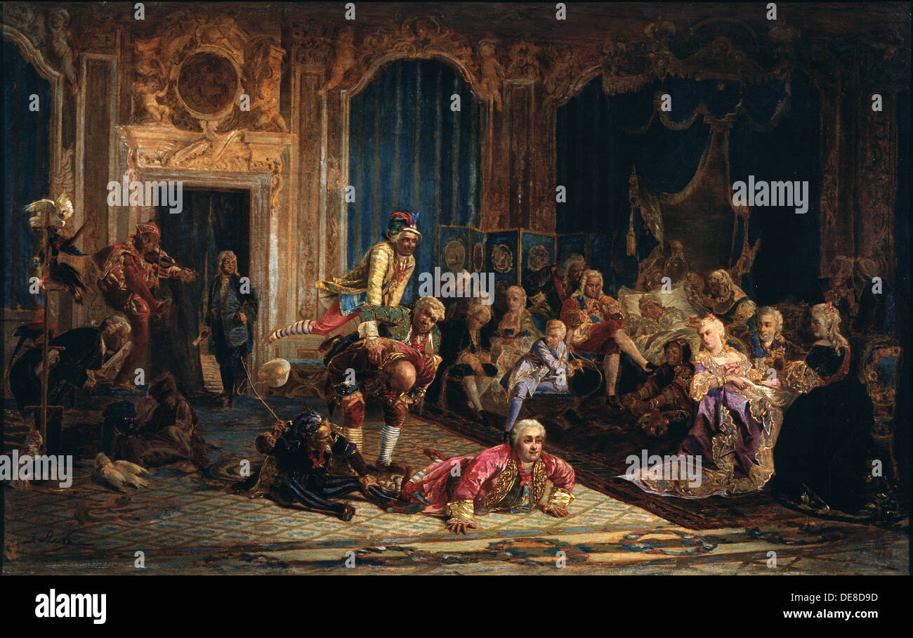 Jesters at the Court of Empress Anna Ioannovna, 1872. Artist: Jacobi, Valery Ivanovich (1834-1902) Stock Photo