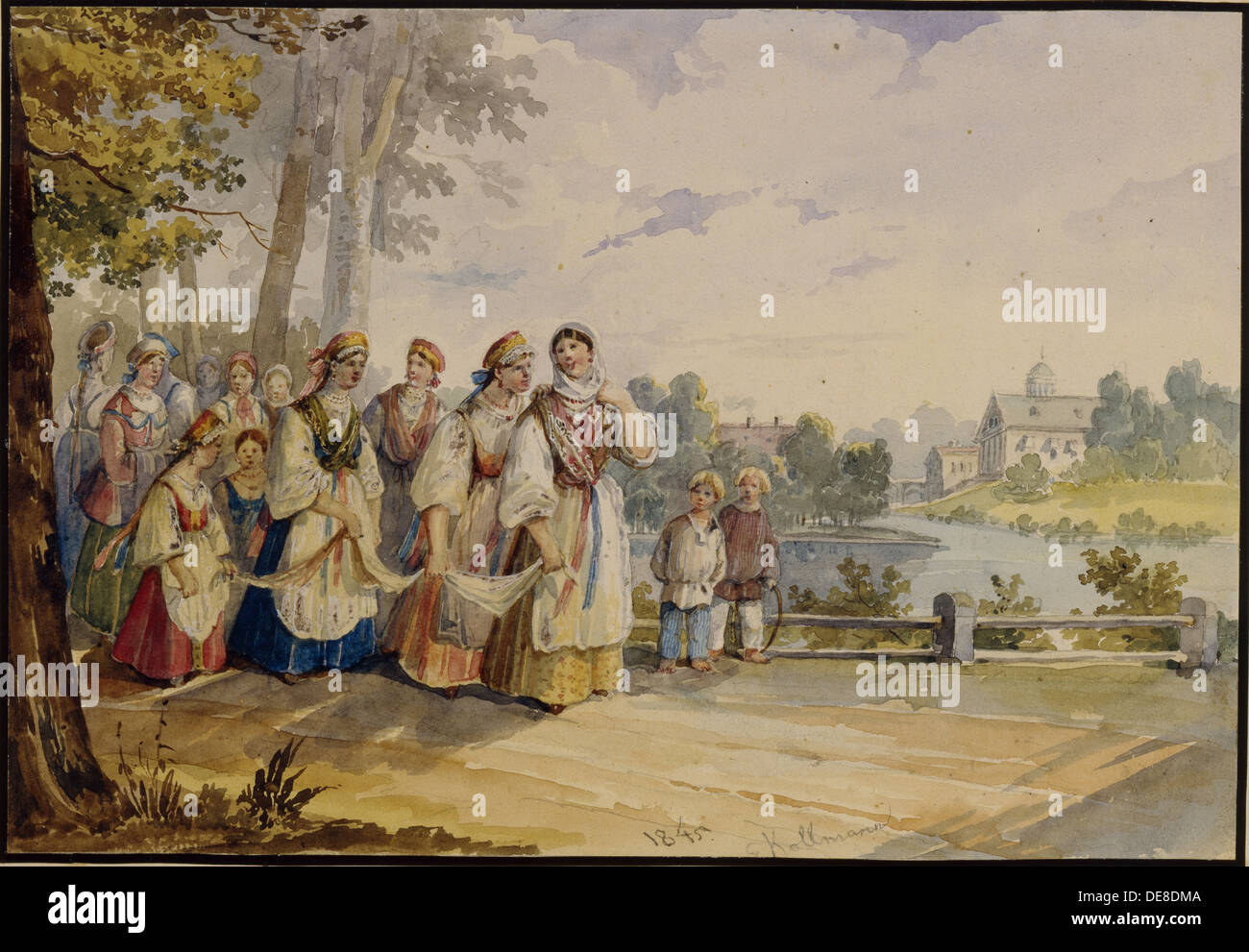Russian peasant girls with Festival Dress, 1845. Artist: Kolmann, Karl Ivanovich (1786-1846) Stock Photo