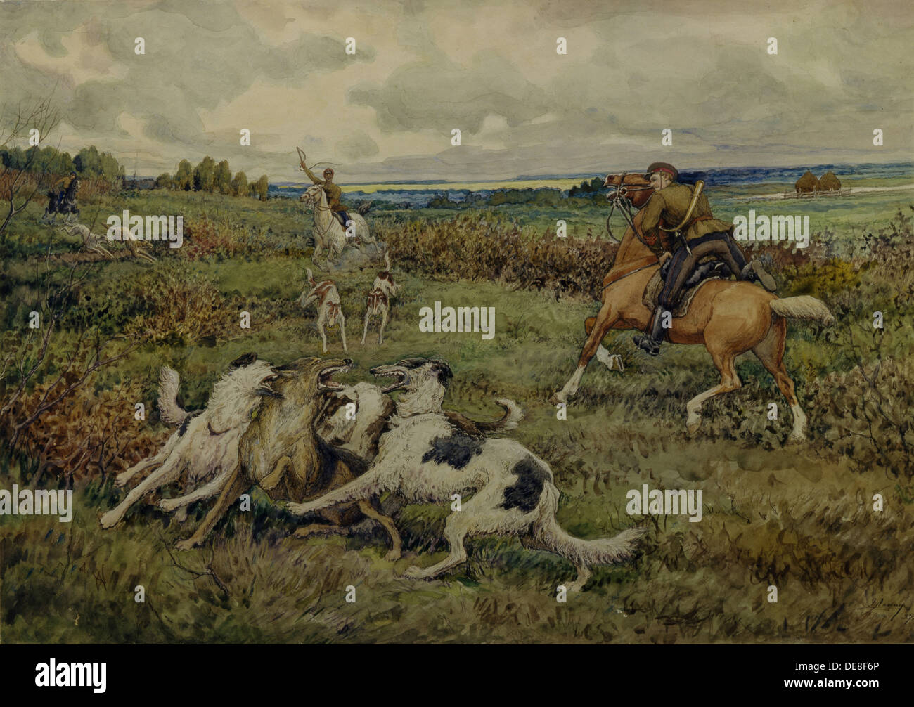 Hunting with Borzois, 1937. Artist: Lissner, Ernest Ernestovich (1874-1941) Stock Photo