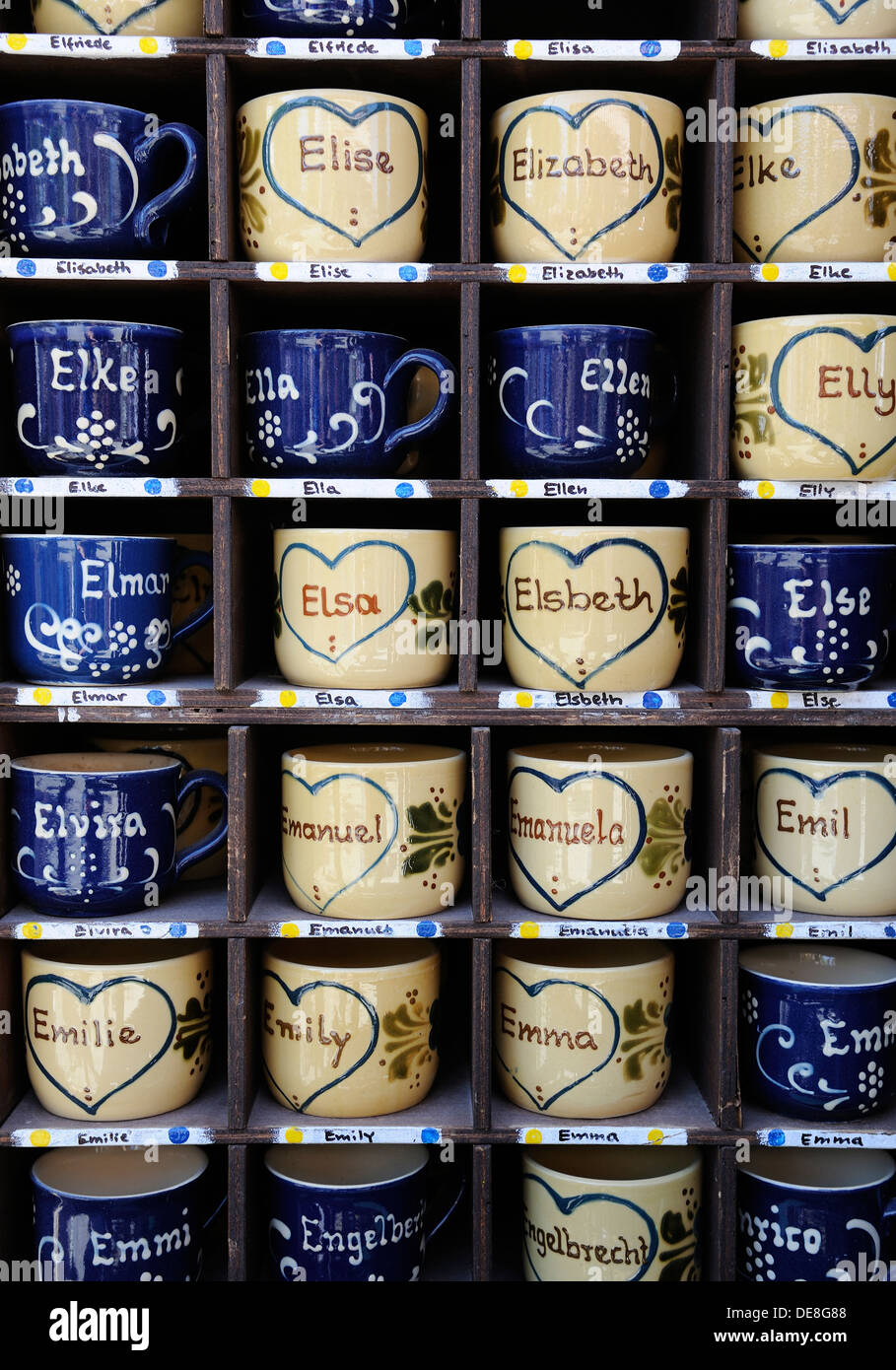Germany, Bavaria, Munich, Names written on Cups in Auer Dult market Stock Photo