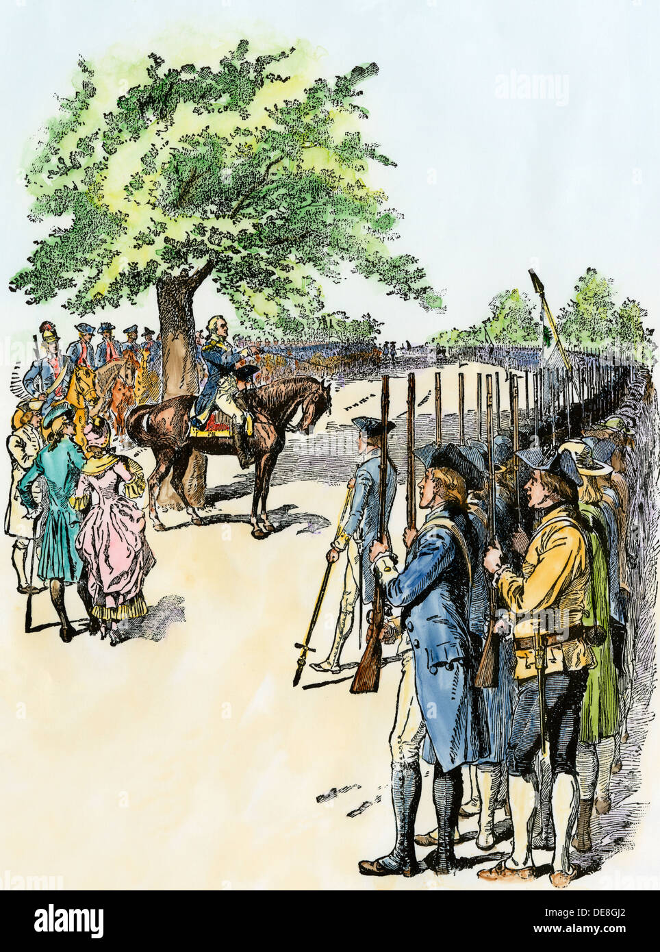 George Washington taking command of the American army. Hand-colored woodcut Stock Photo