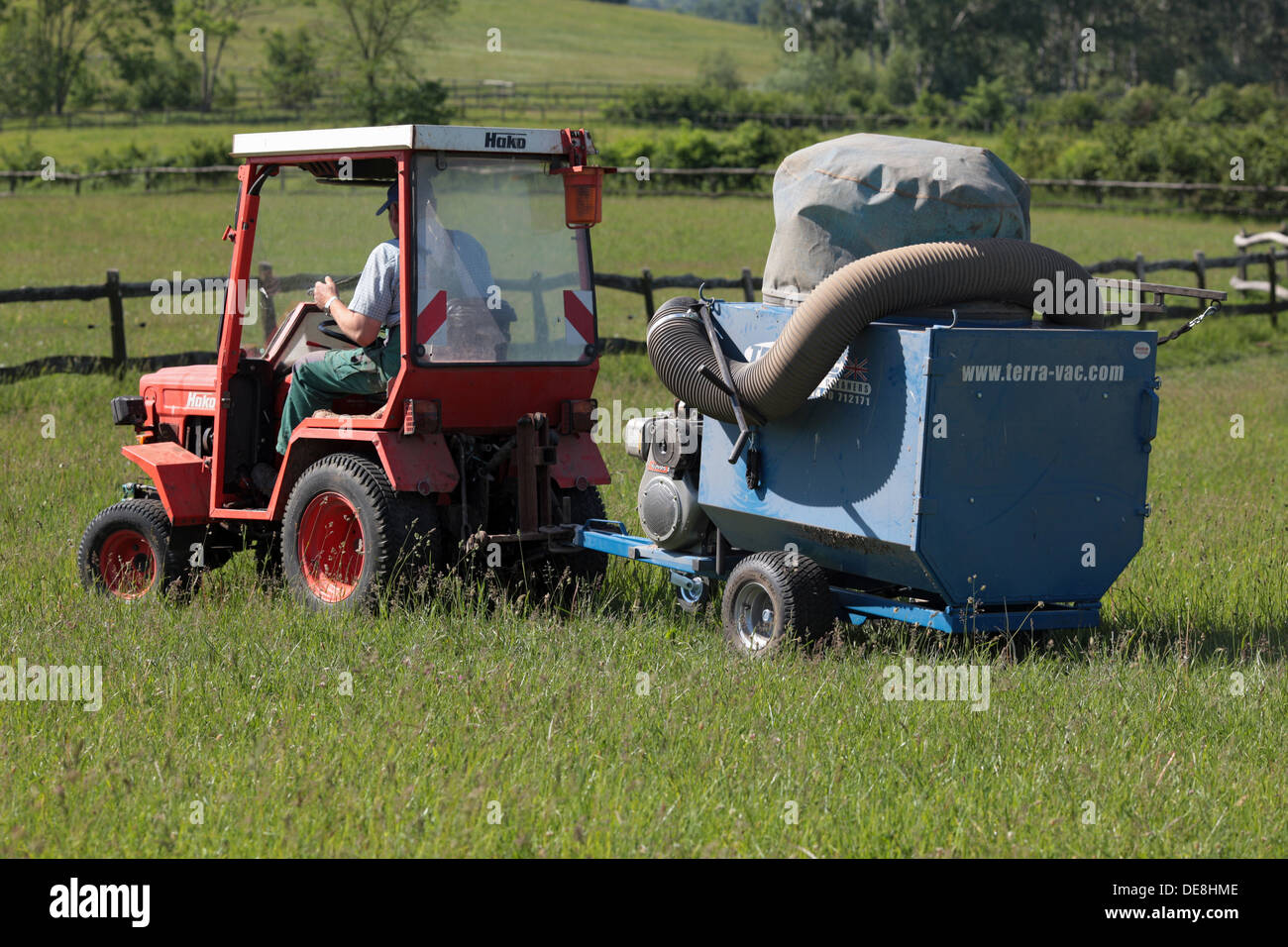 Görlsdorf, Germany, horse pasture is cleaned with a Paddock Cleaner Stock Photo