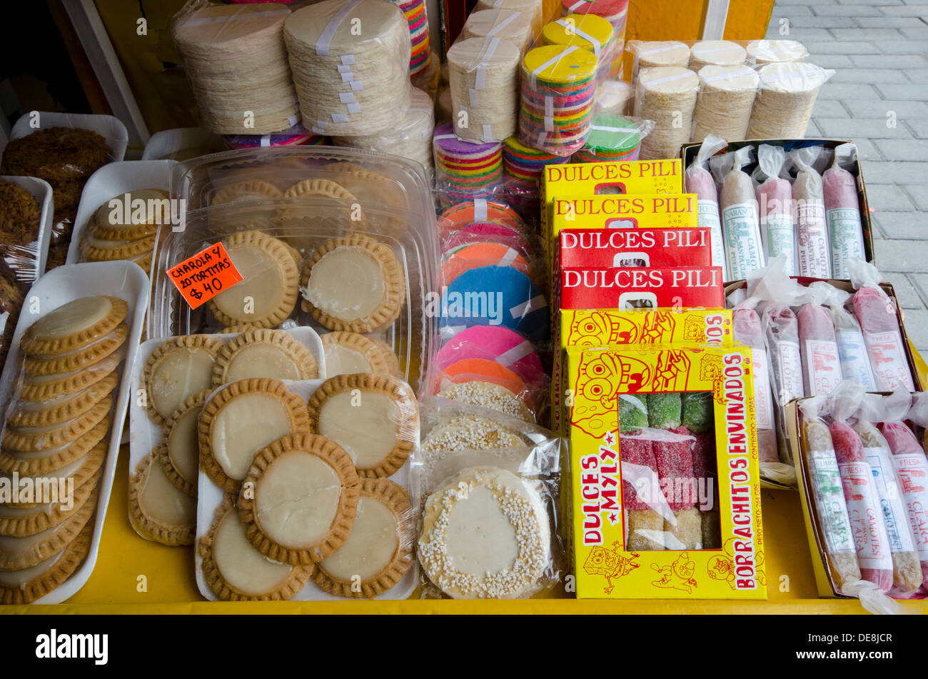 A selection of traditional Mexican sweets for sale outside shop in Cholula in Mexico Stock Photo