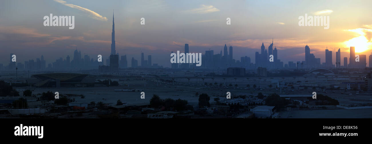 Dubai, United Arab Emirates, the panoramic skyline at dusk Stock Photo